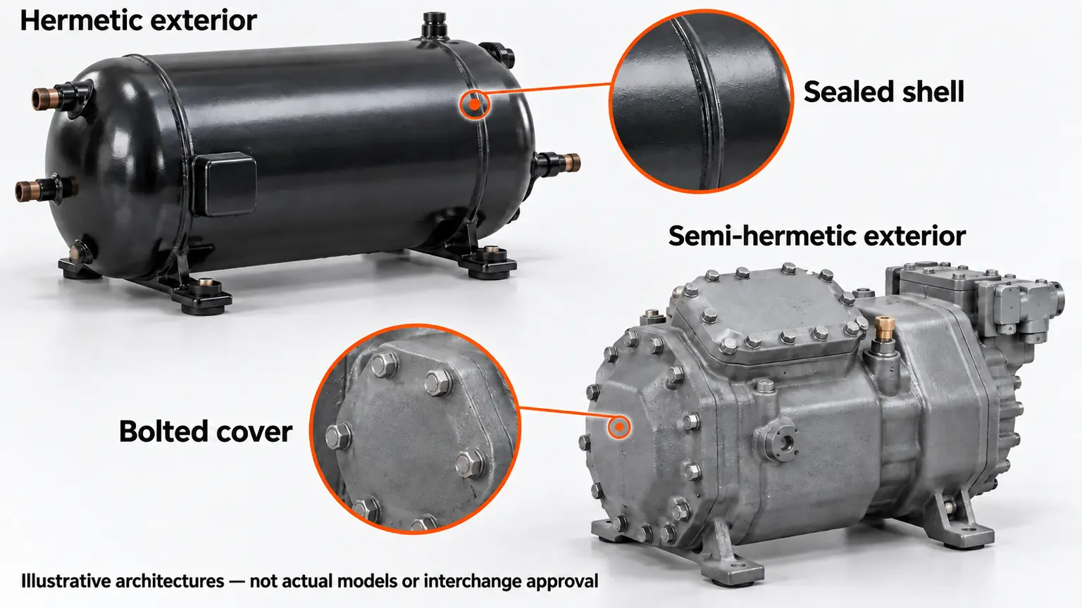 Generic hermetic and semi-hermetic compressor exteriors with sealed-shell and bolted-cover details