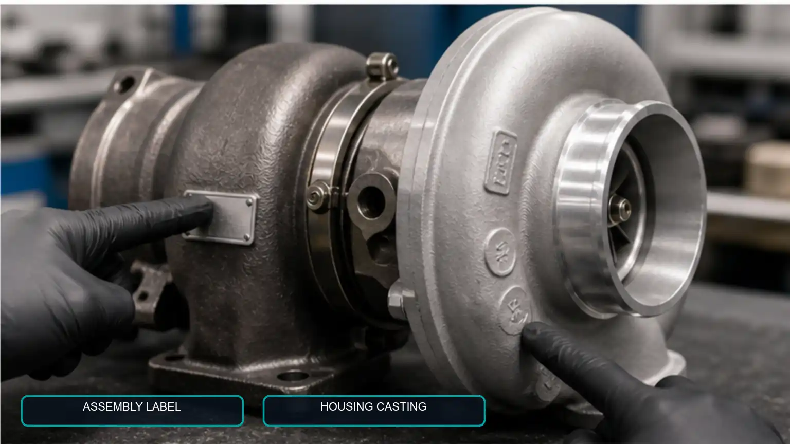 Turbocharger assembly label area and raised housing casting marks inspected as two different identifiers.