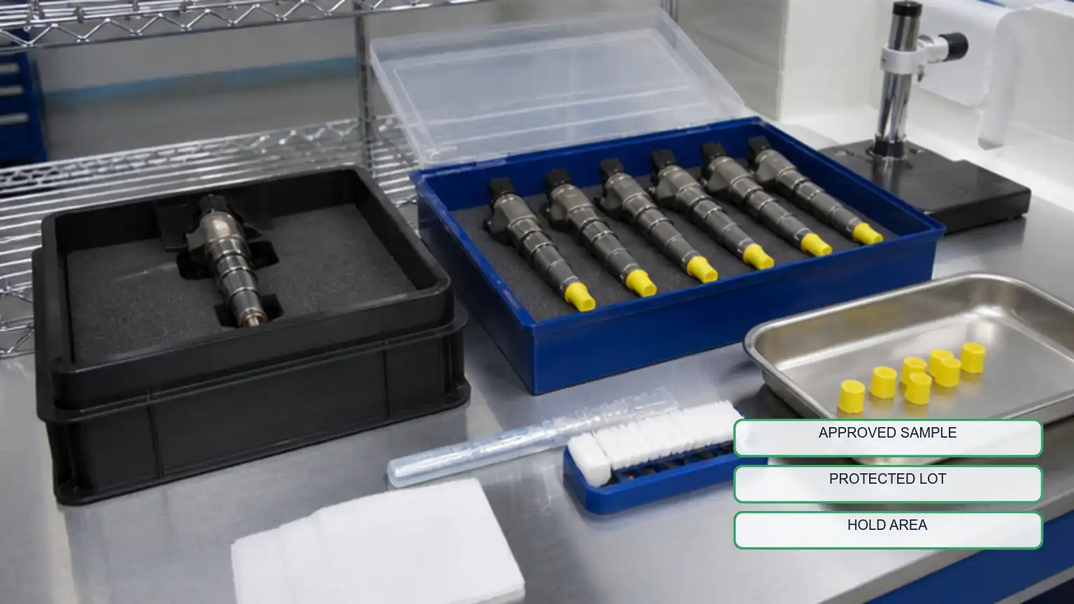 Protected diesel injector lot checked against an approved sample before wholesale release.