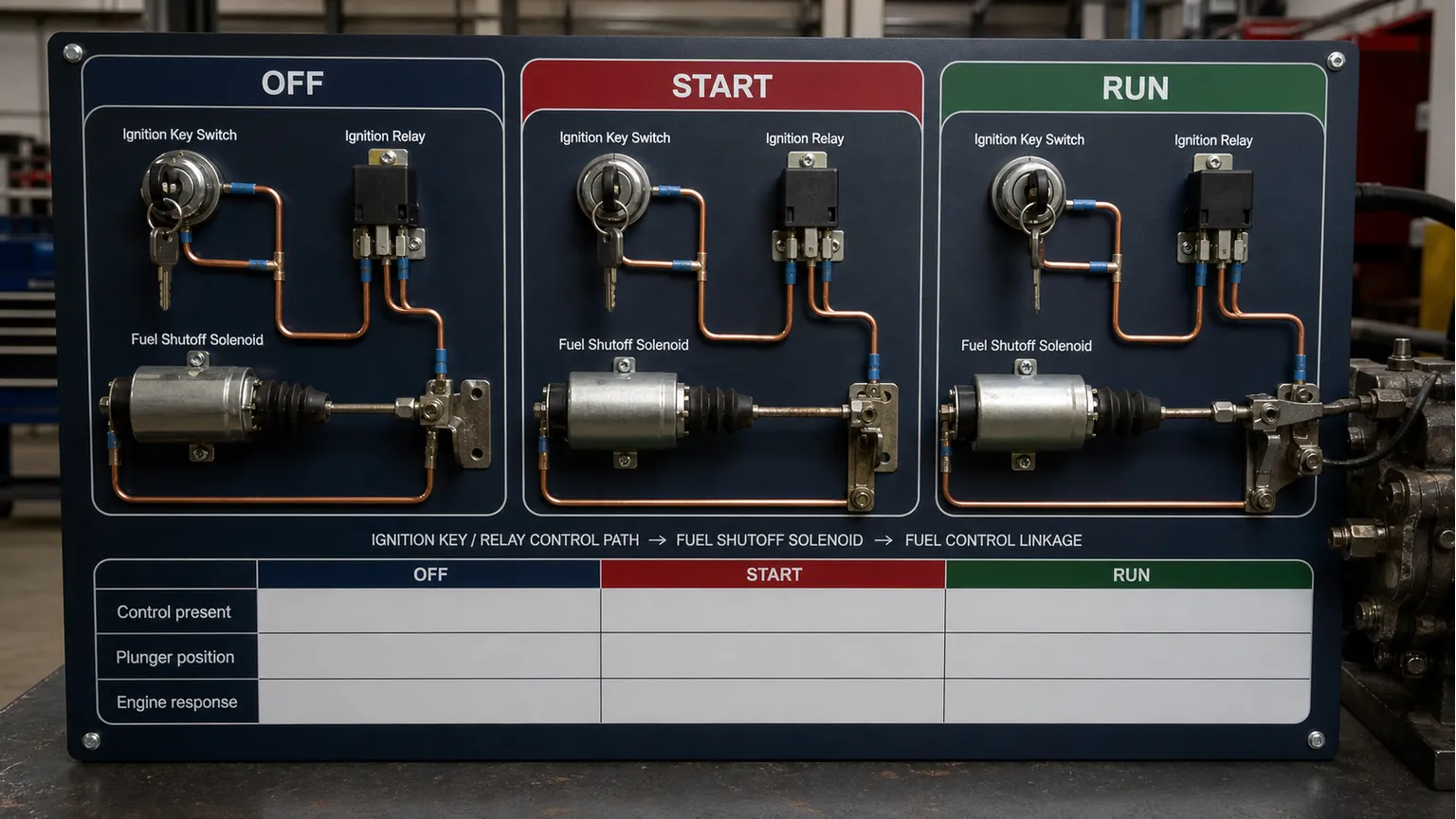 OFF START and RUN observation sheet for a diesel fuel shutoff solenoid showing linkage position without universal wire colors or voltage values