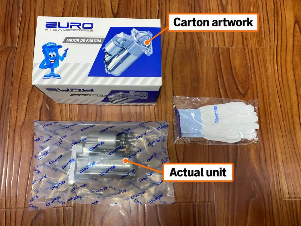 A bagged starter sample and its carton shown separately, with orange labels for the actual unit and printed carton artwork.