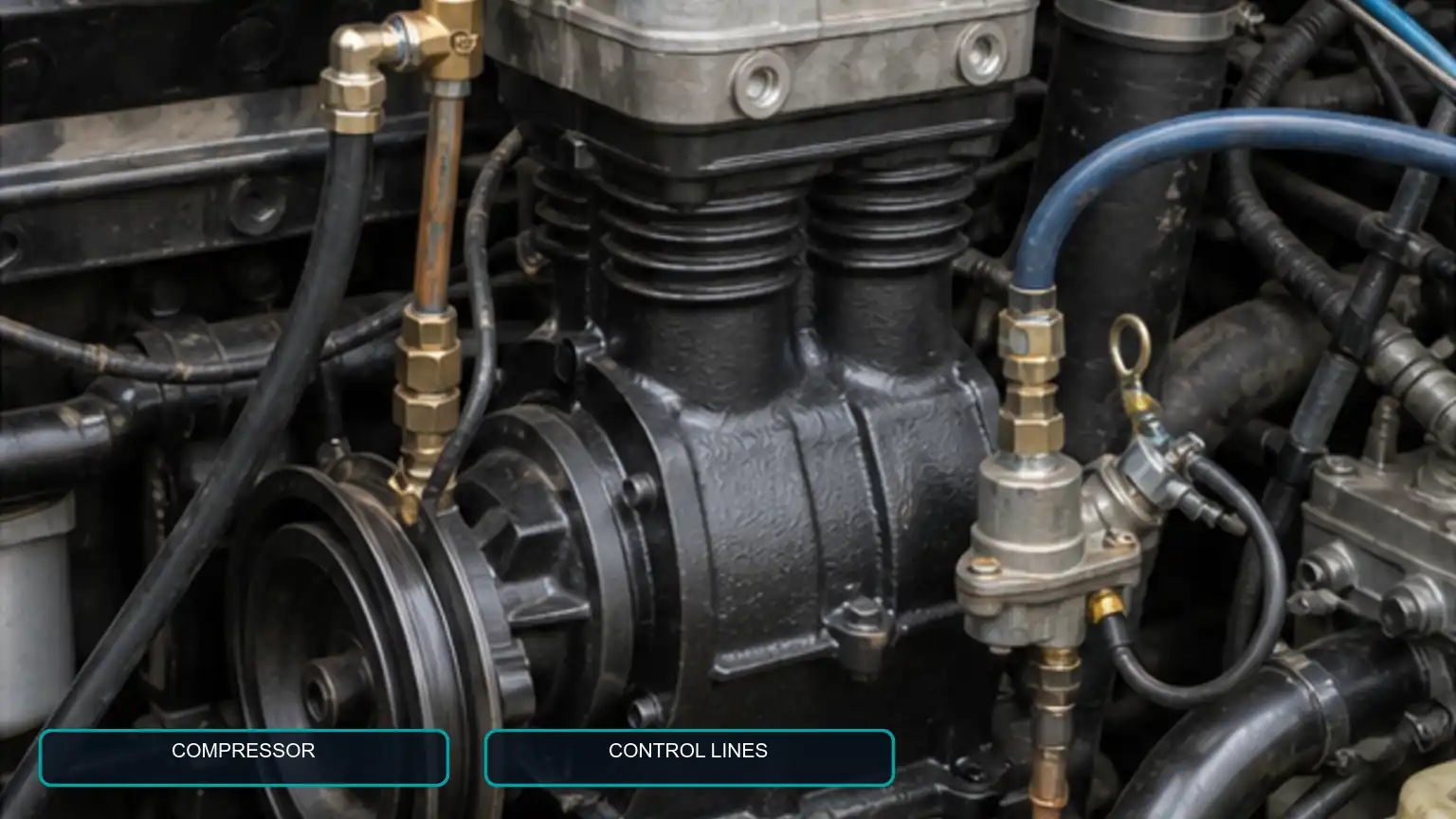 To-cylindret tung lastbils luftkompressor installeret p&aring; en dieselmotor med synlige afgangs-, k&oslash;lev&aelig;ske- og regulator-kontrollinjer.
