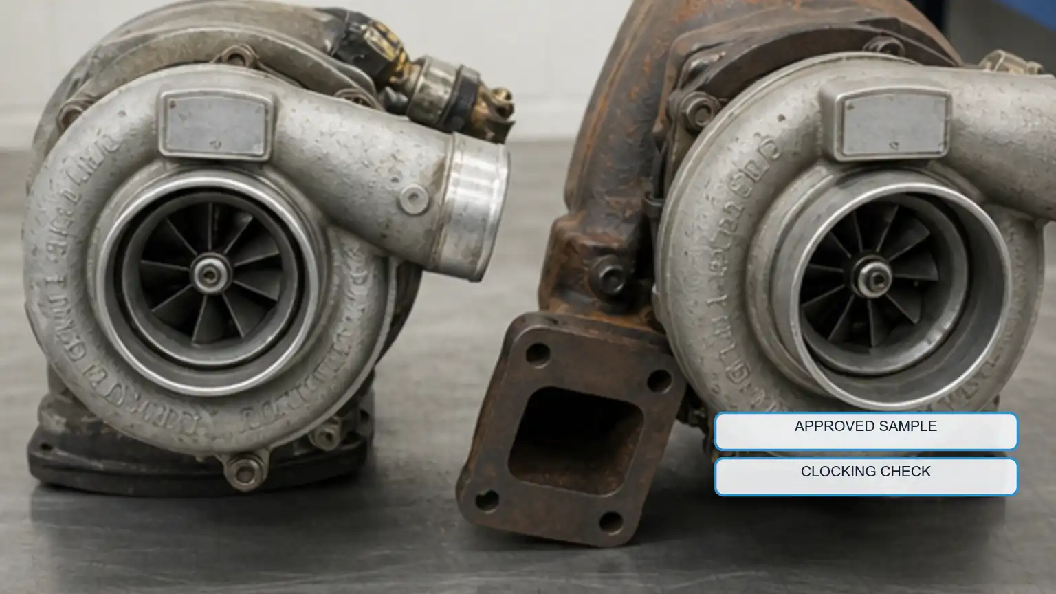 Two complete heavy-duty turbochargers compared side by side for housing clocking, flange, and outlet orientation.