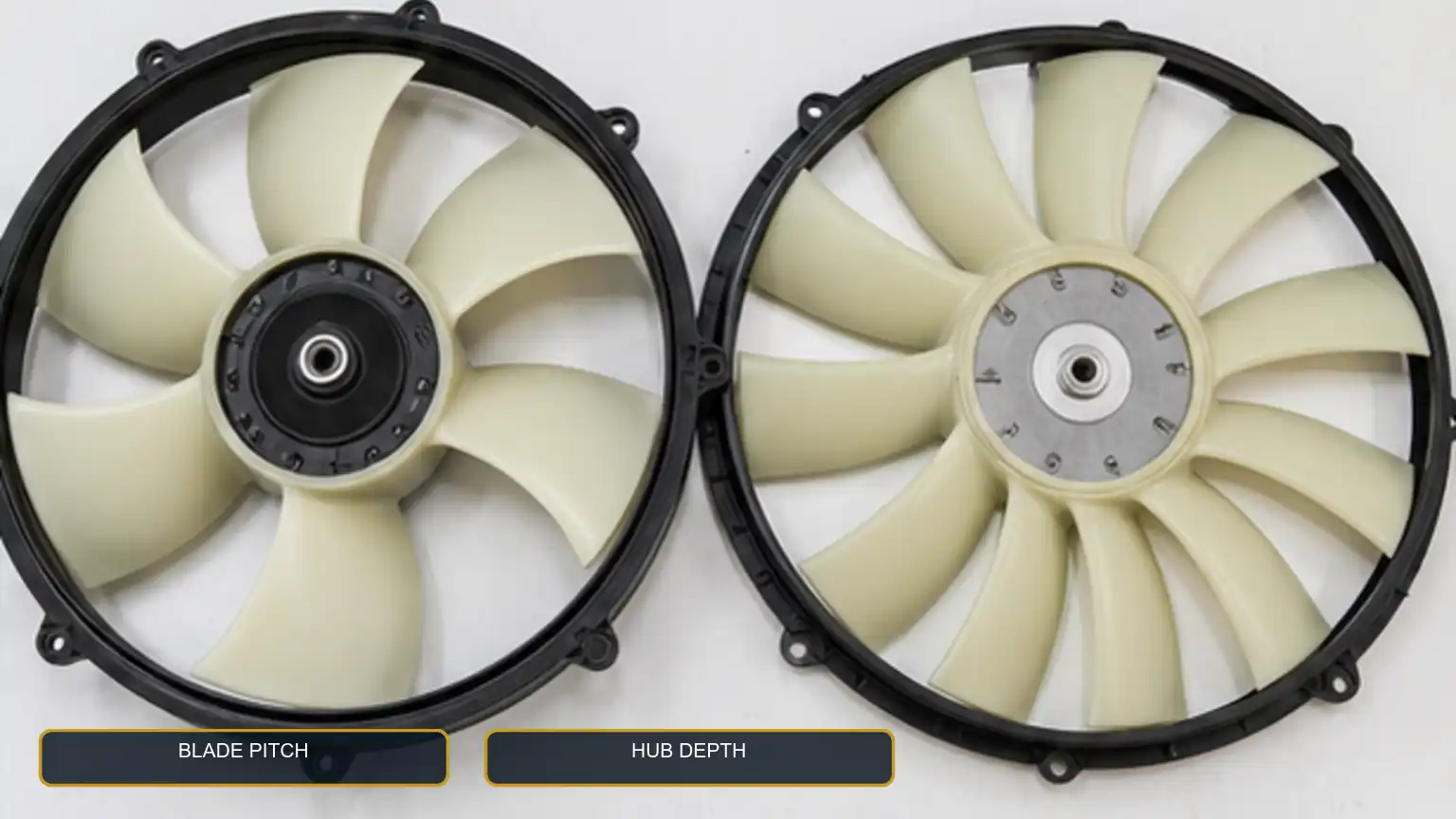Two heavy-duty molded cooling fans compared from above for blade count, pitch, rotation, and hub depth.