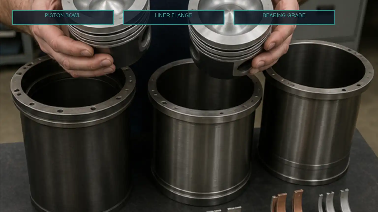 Technician comparing piston bowl geometry, cylinder-liner flange features, and bearing-shell variants on a rebuild bench.