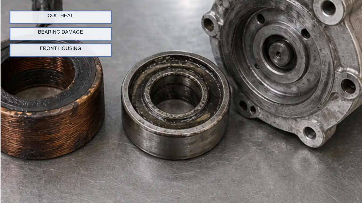 Heat-discolored A/C clutch coil, worn pulley bearing, and compressor front housing inspected together on a metal bench.