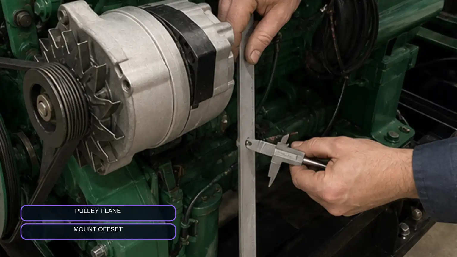 Technician measuring an industrial-engine alternator mounting position and pulley plane with a straightedge and caliper.