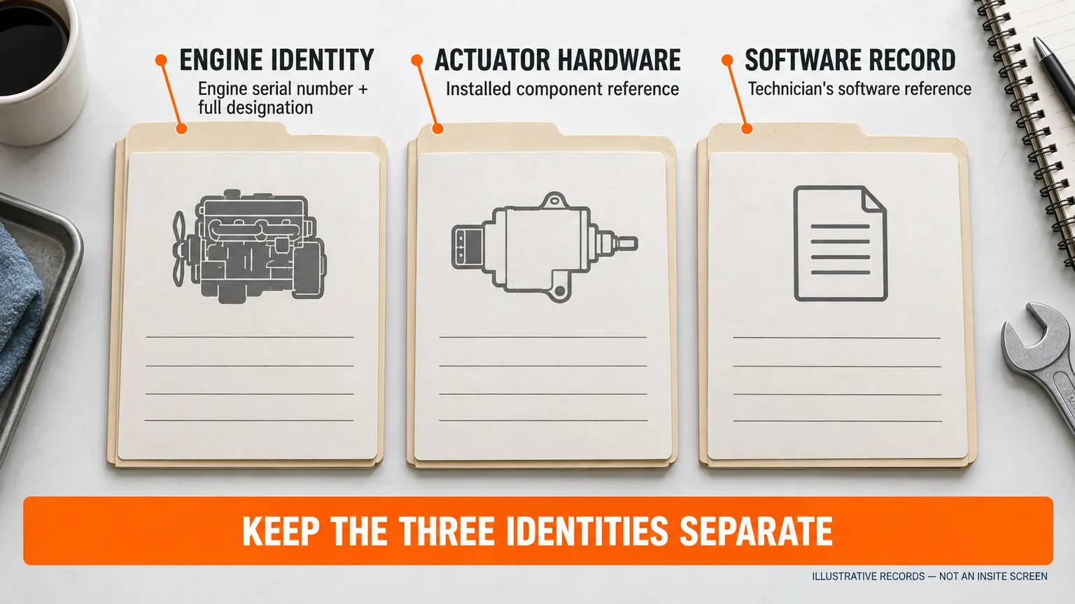 Separate engine identity, installed actuator hardware and service-record software fields for a purchasing inquiry.