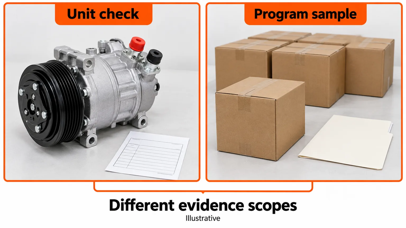 Illustrative single-unit record and separately sampled program folder show two evidence scopes without depicting actual testing or results.
