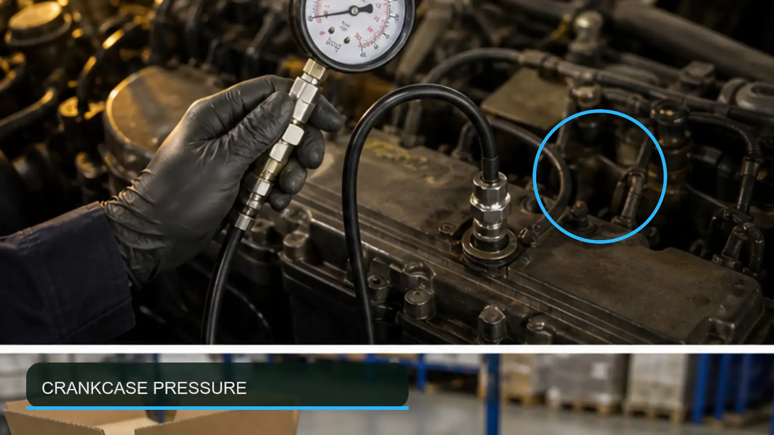 Technician performing a controlled crankcase ventilation filter measurement with calibrated workshop instruments