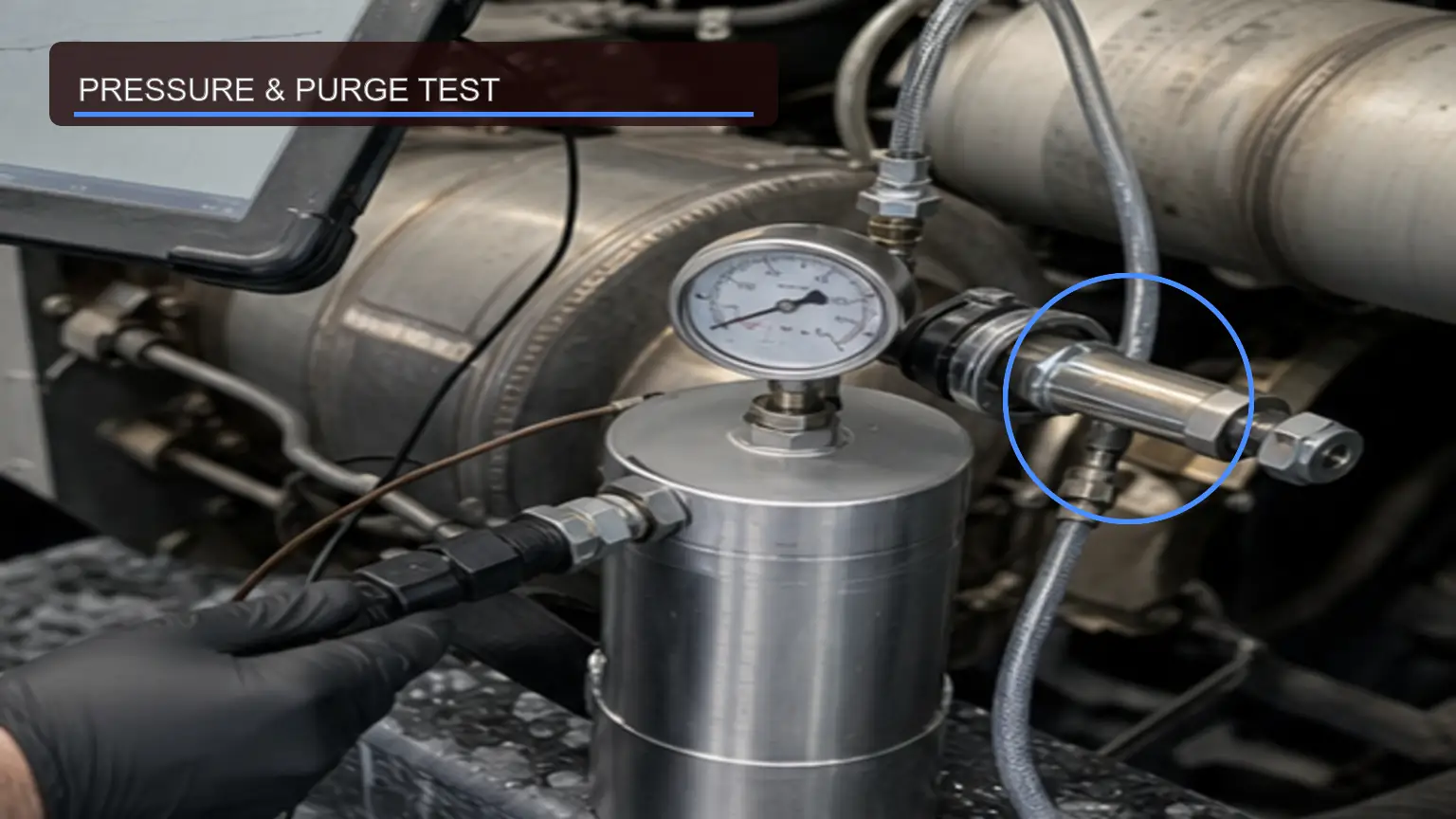 Technician performing a controlled def filter measurement with calibrated workshop instruments