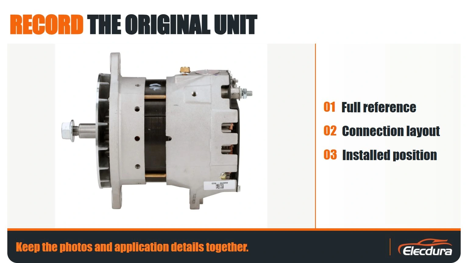 Alternator side view with the original reference, connection layout and installed-position evidence needed before removal.