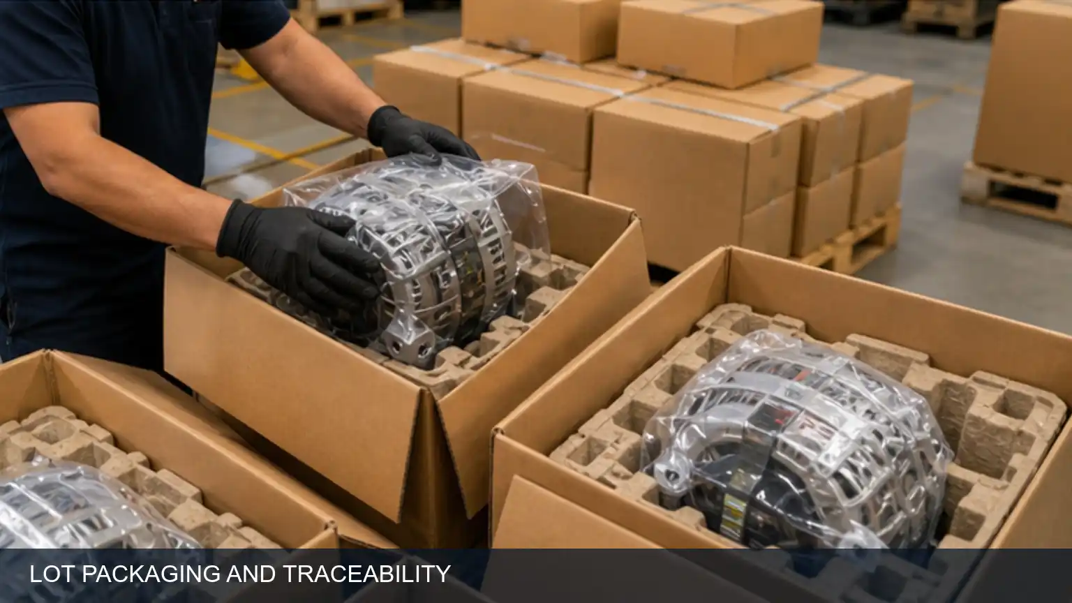 Illustrative alternator packaging and lot identification before dispatch