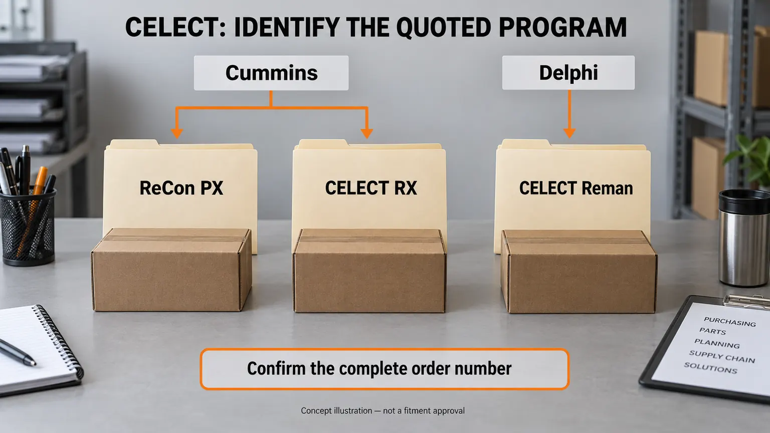 Two program owners and three CELECT injector program categories, with the full order number still requiring confirmation.
