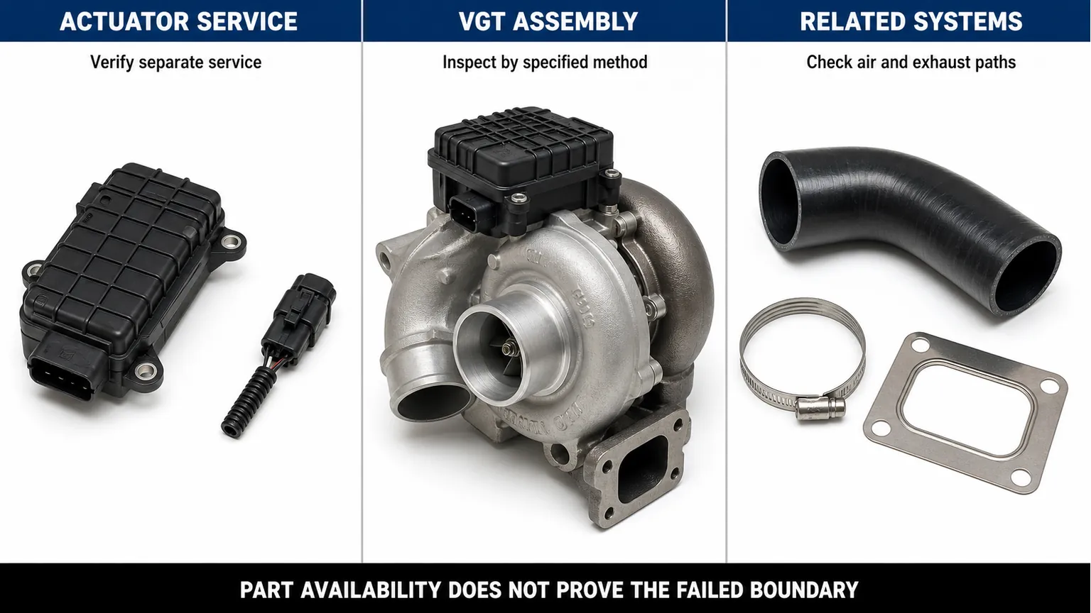 Illustrated separation of actuator service, complete VGT assembly inspection and related air or exhaust system checks