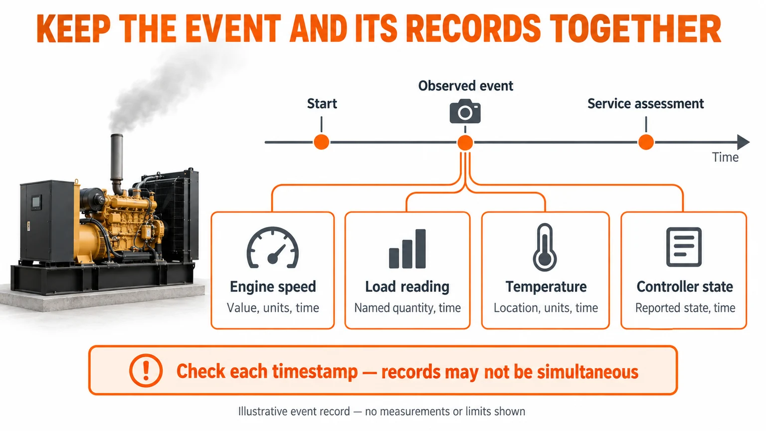 A generator event is grouped with speed, named load, located temperature and controller records while preserving each timestamp.