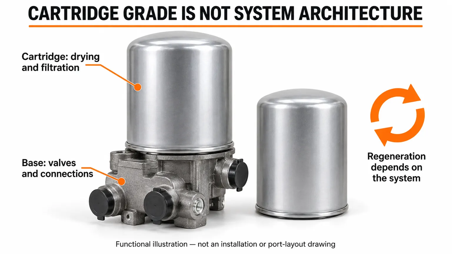 Generic air dryer assembly distinguishing the service cartridge from its base and the system-dependent regeneration function