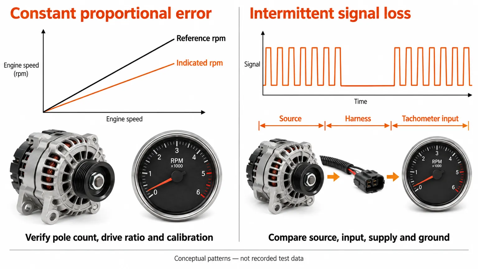 Conceptual comparison of a steady proportional tachometer error and an intermittent signal dropout, with drive and harness inspection points