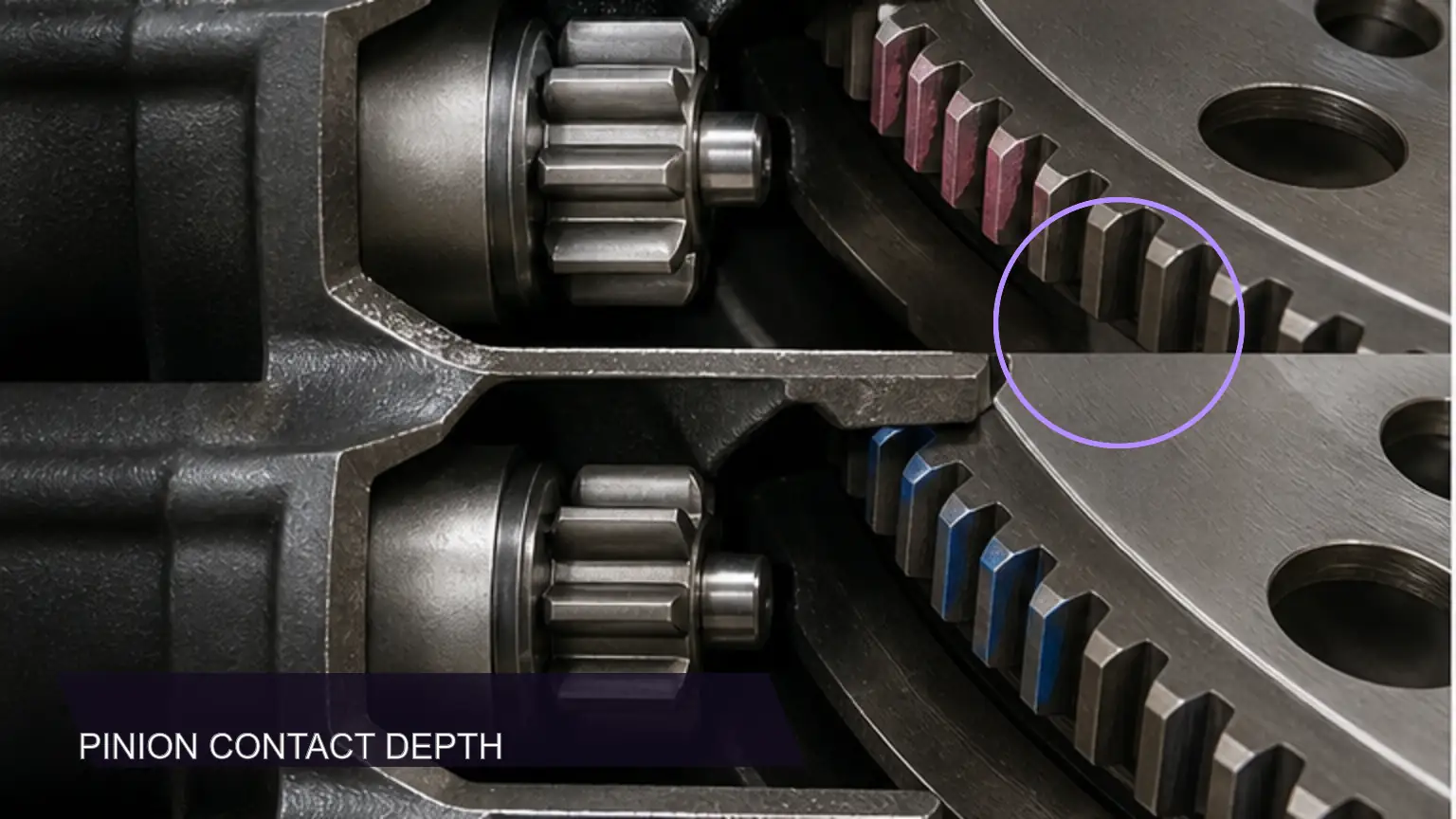 Cutaway comparison of correct and shallow starter-pinion contact on a ring gear