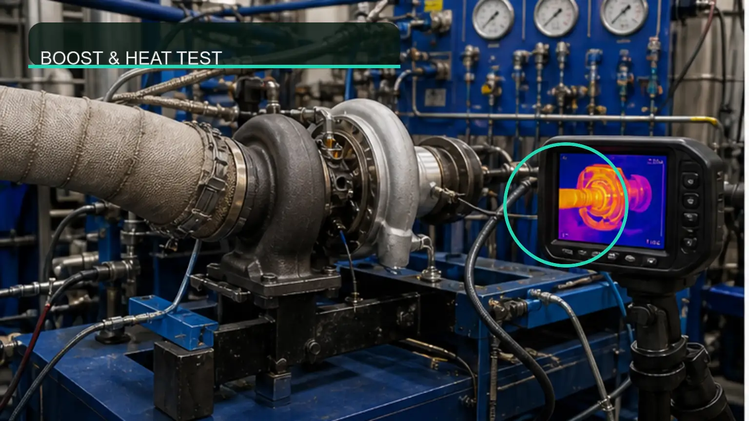 Heavy-duty turbocharger evaluated on a boost and thermal performance test bench