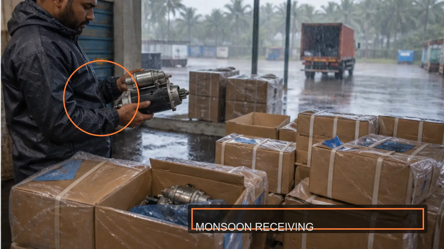 Heavy-duty starter motor packaging and corrosion protection inspected during monsoon conditions