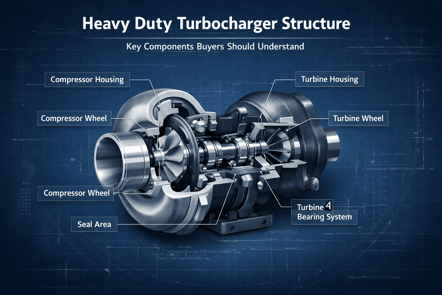 Heavy duty turbocharger structure with labeled key components