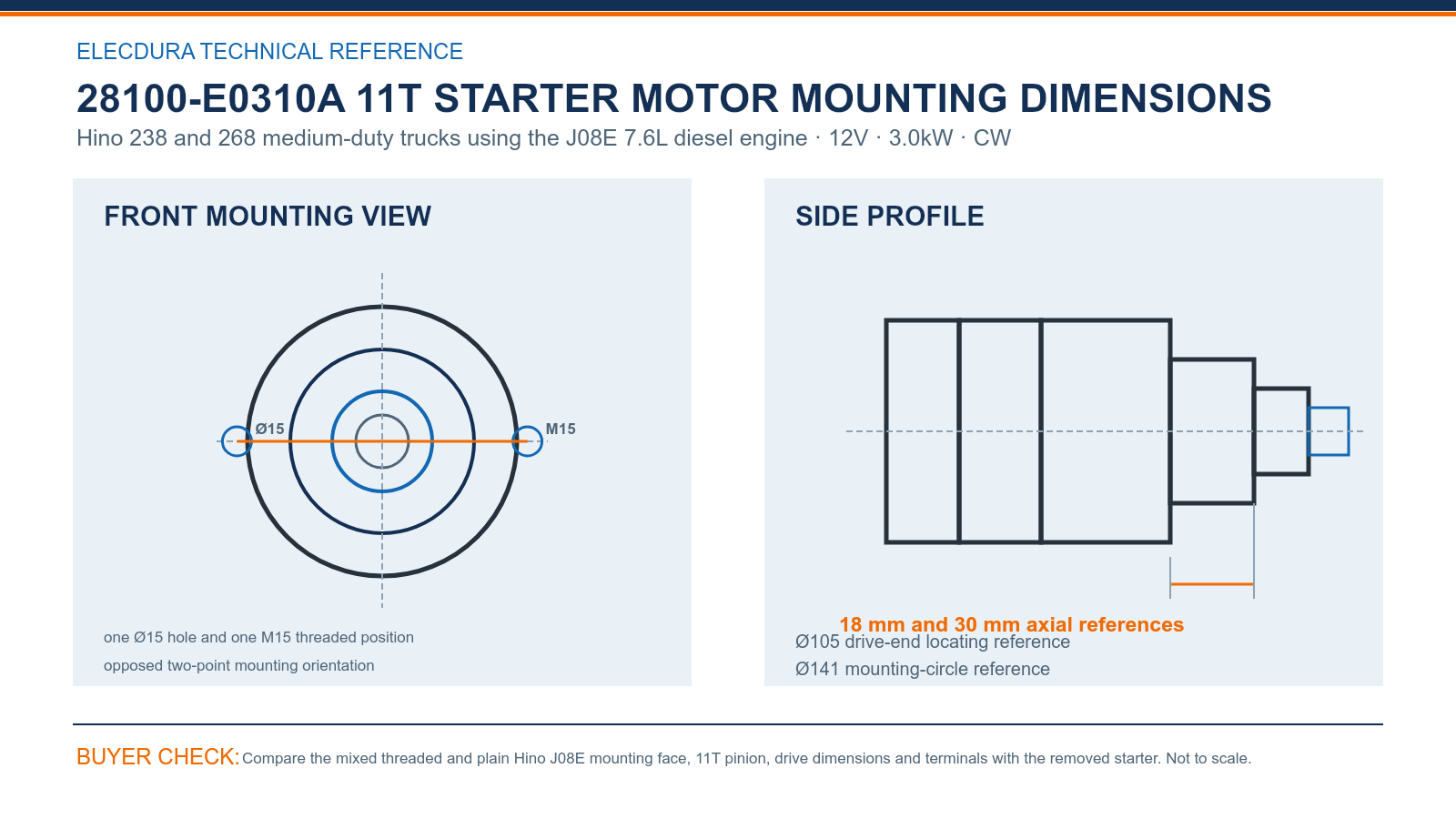28100-E0310A Hino 12V 3.0kW 11T starter mounting dimensions