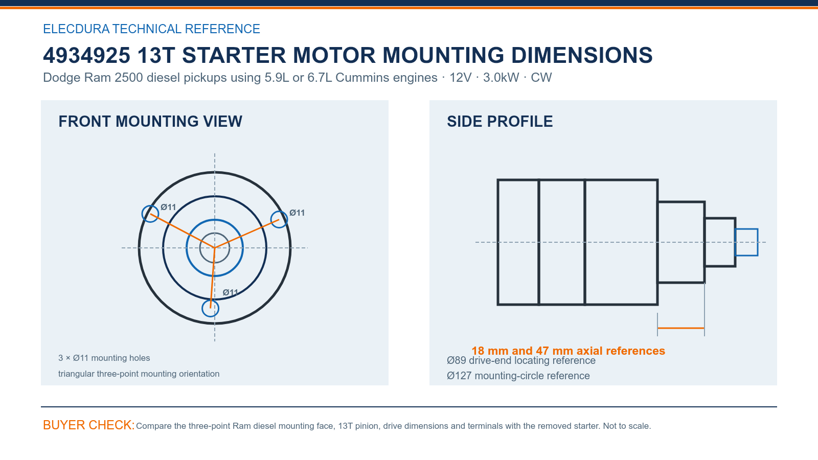 4934925 Dodge 12V 3.0kW 13T starter mounting dimensions