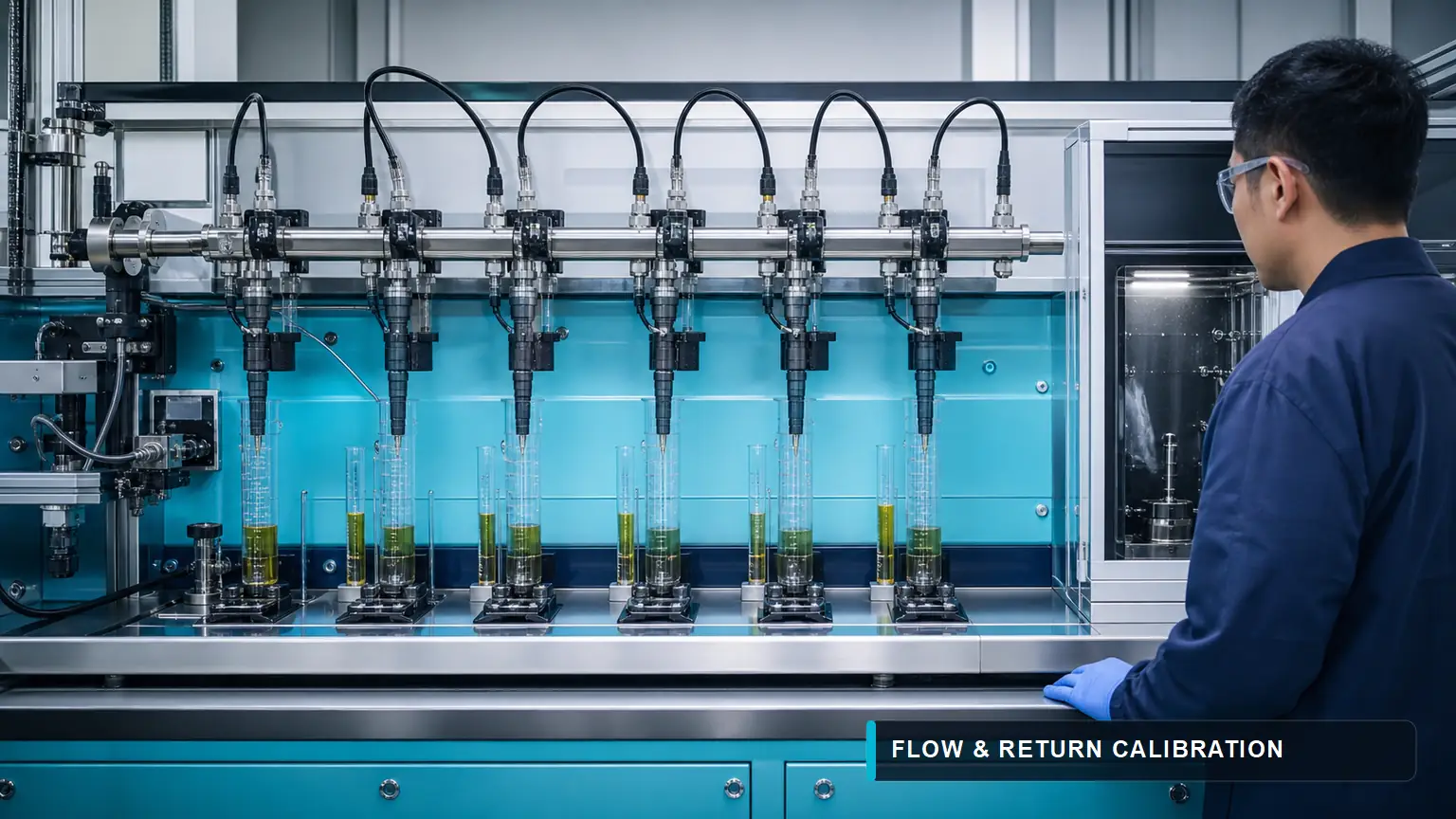 Common-rail diesel injectors on a clean flow bench with protected spray chamber and graduated return-volume cylinders