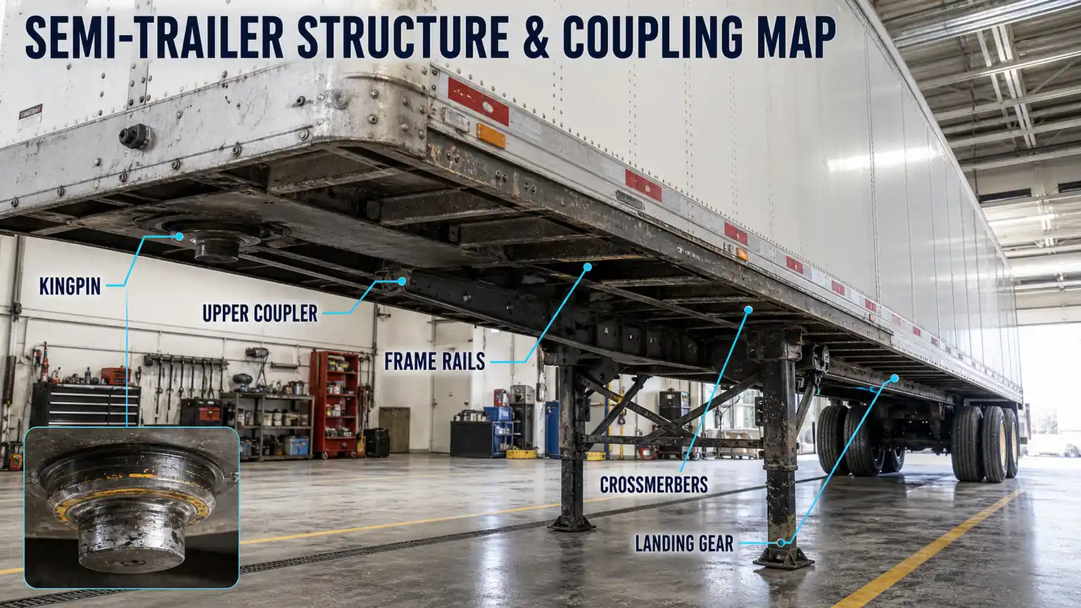 Semi-trailer structure and coupling inspection map for kingpin, upper coupler, frame rails, landing gear and crossmembers