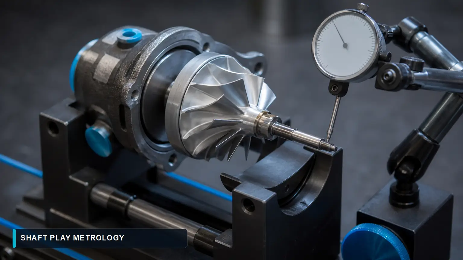 Turbocharger compressor wheel and shaft mounted in a dial-indicator fixture for radial and axial play measurement
