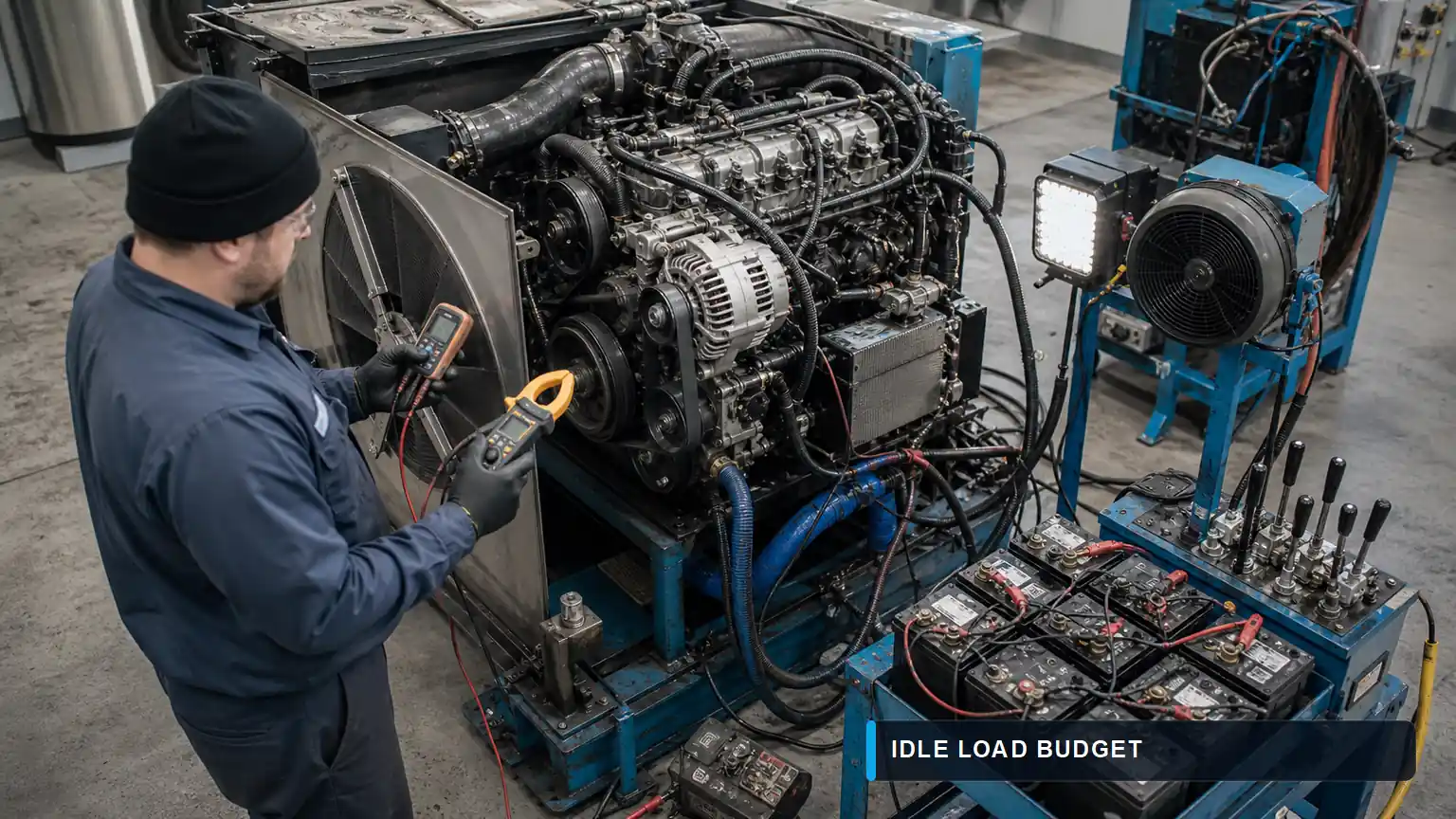 Diesel engine test stand with alternator, battery bank and auxiliary electrical loads during low-idle load-budget measurement