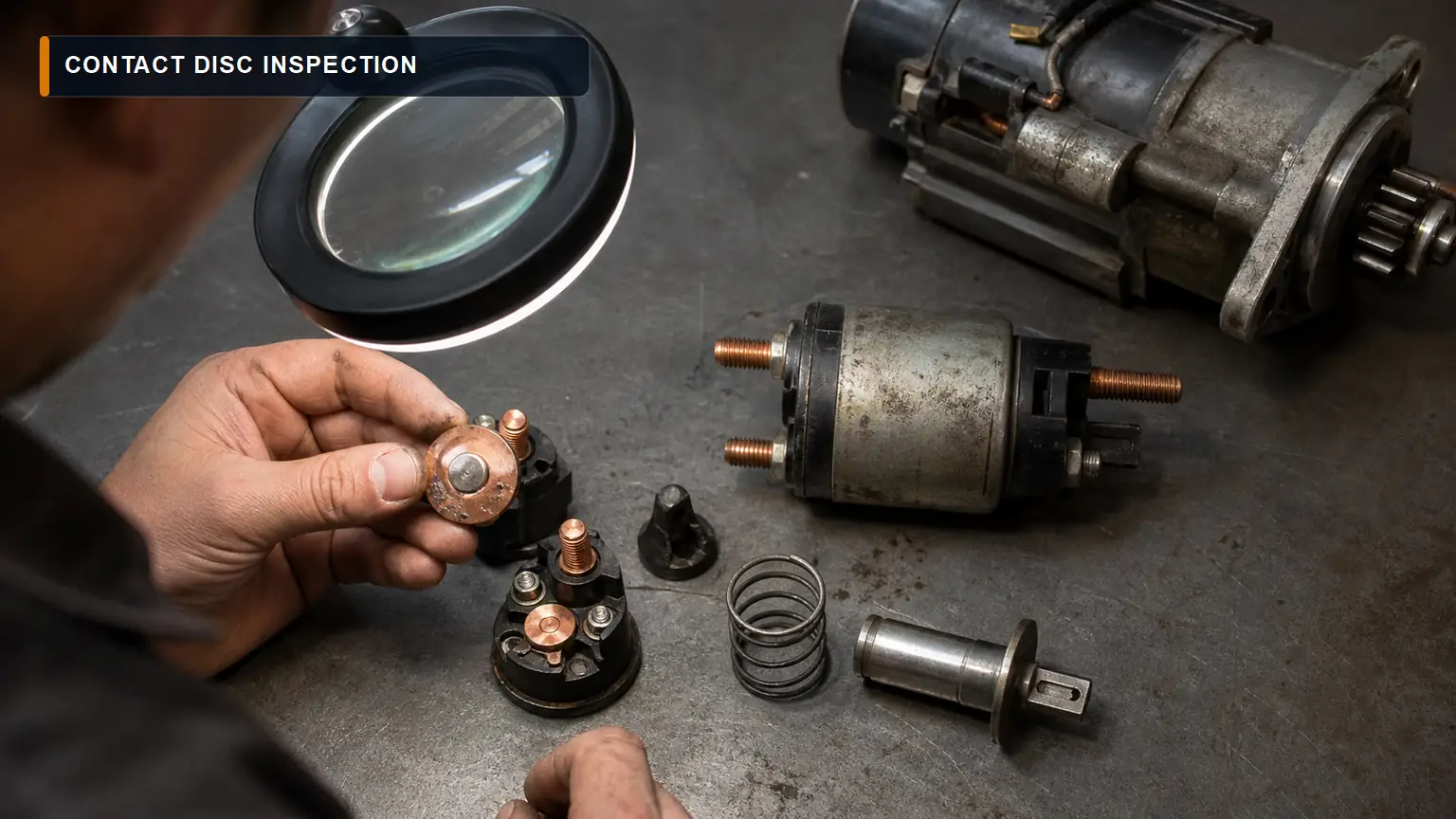 Disassembled heavy-duty starter solenoid with copper contact disc, studs, spring and plunger under magnification