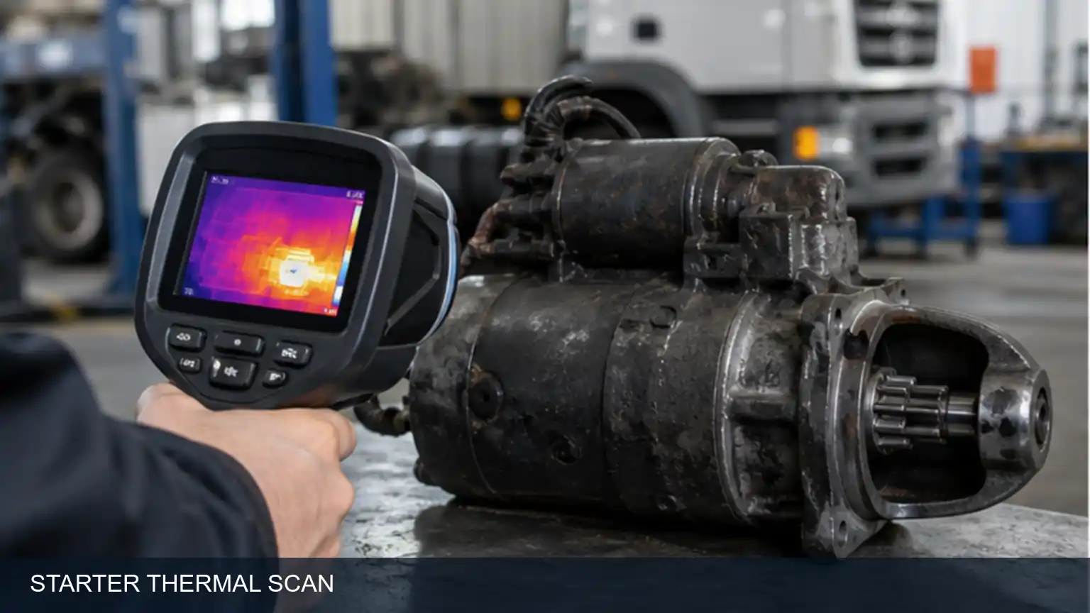 Infrared thermal scan of a heavy-duty starter after a controlled cranking test