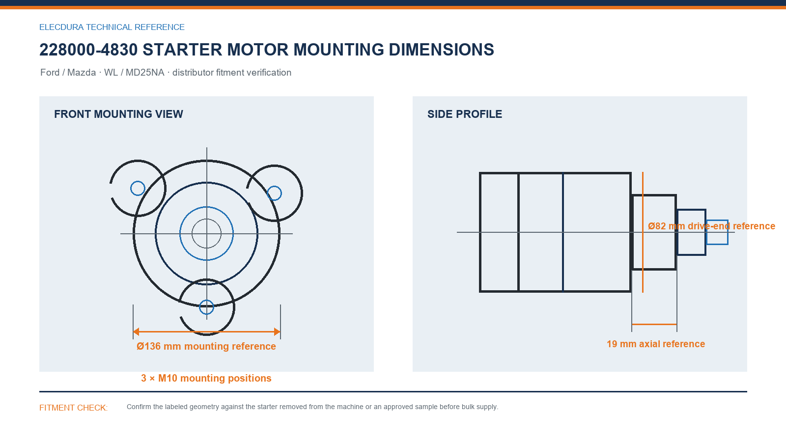 228000-4830 Ford / Mazda starter motor mounting dimensions for WL / MD25NA wholesale fitment verification