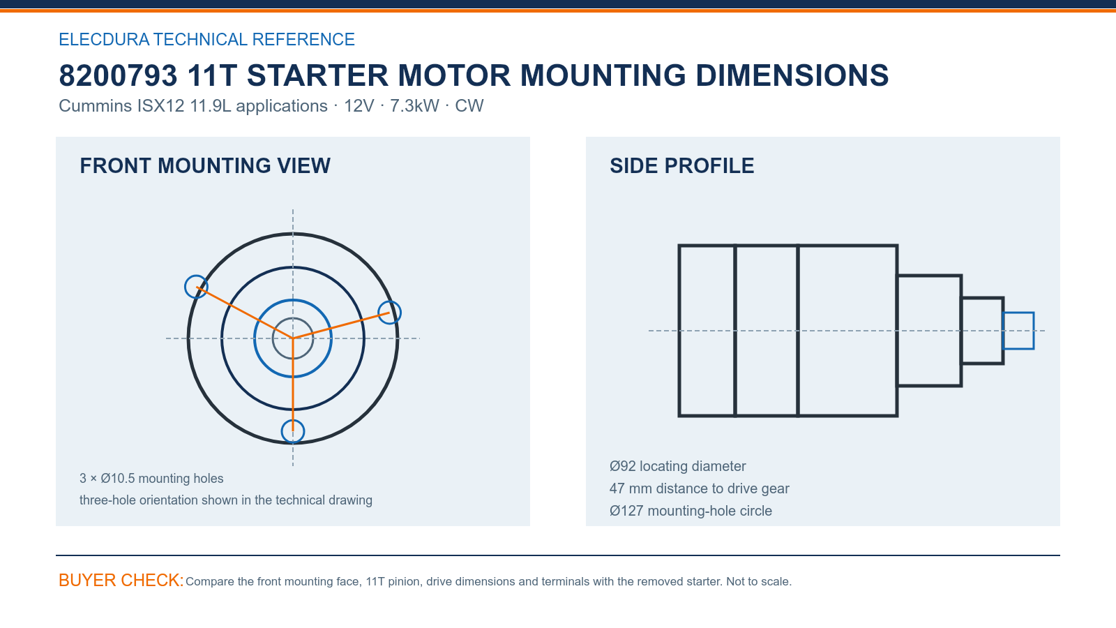 8200793 Cummins ISX12 12V 7.3kW 11T starter mounting dimensions