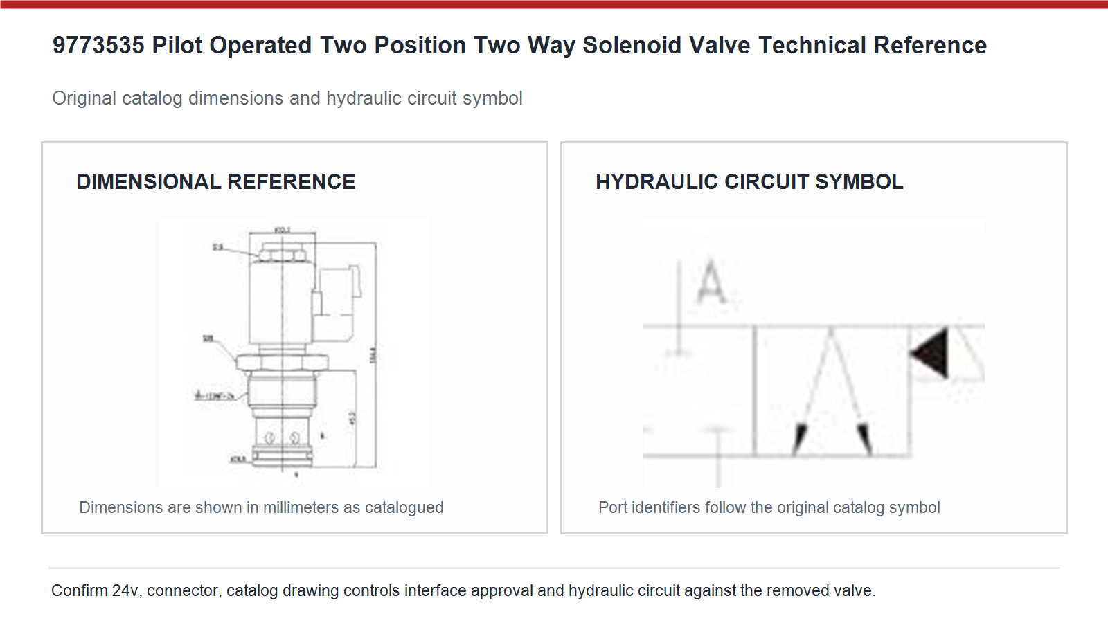 9773535 Universal pilot operated two position two way solenoid valve dimensions and hydraulic circuit diagram