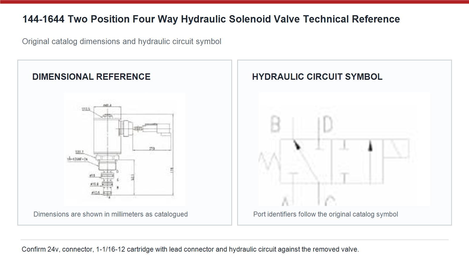 144-1644 Caterpillar two position four way hydraulic solenoid valve dimensions and hydraulic circuit diagram