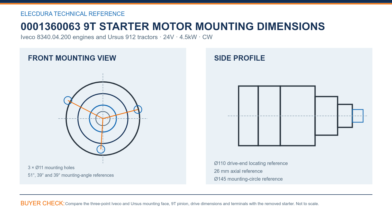 0001360063 Iveco Ursus 24V 4.5kW 9T starter mounting dimensions