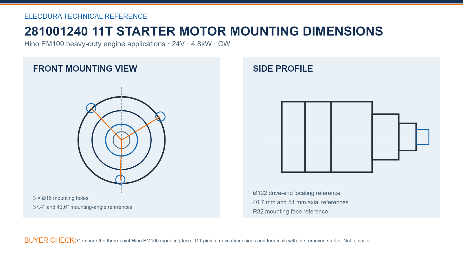 281001240 Hino EM100 24V 4.8kW 11T starter mounting dimensions