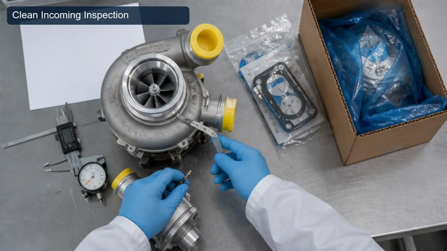 Clean Incoming Inspection for Top 20 Heavy-Duty Turbocharger Manufacturers in Mexico, shown as a photorealistic heavy-duty technical inspection view