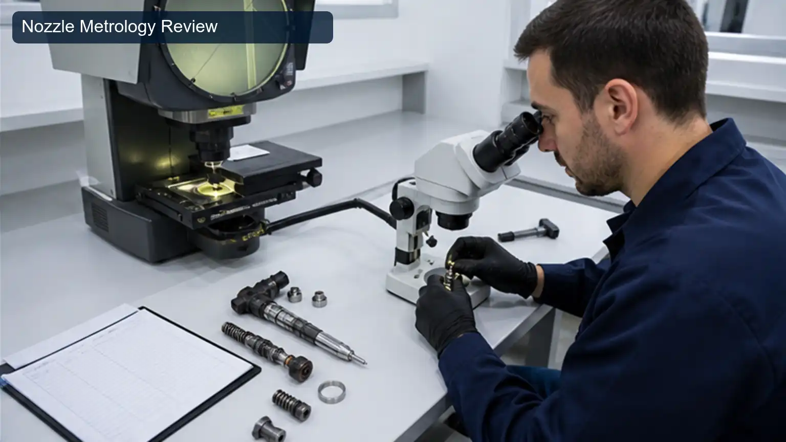 Nozzle Metrology Review for Top 20 Heavy-Duty Fuel Injector Manufacturers in Spain, shown as a photorealistic heavy-duty technical inspection view