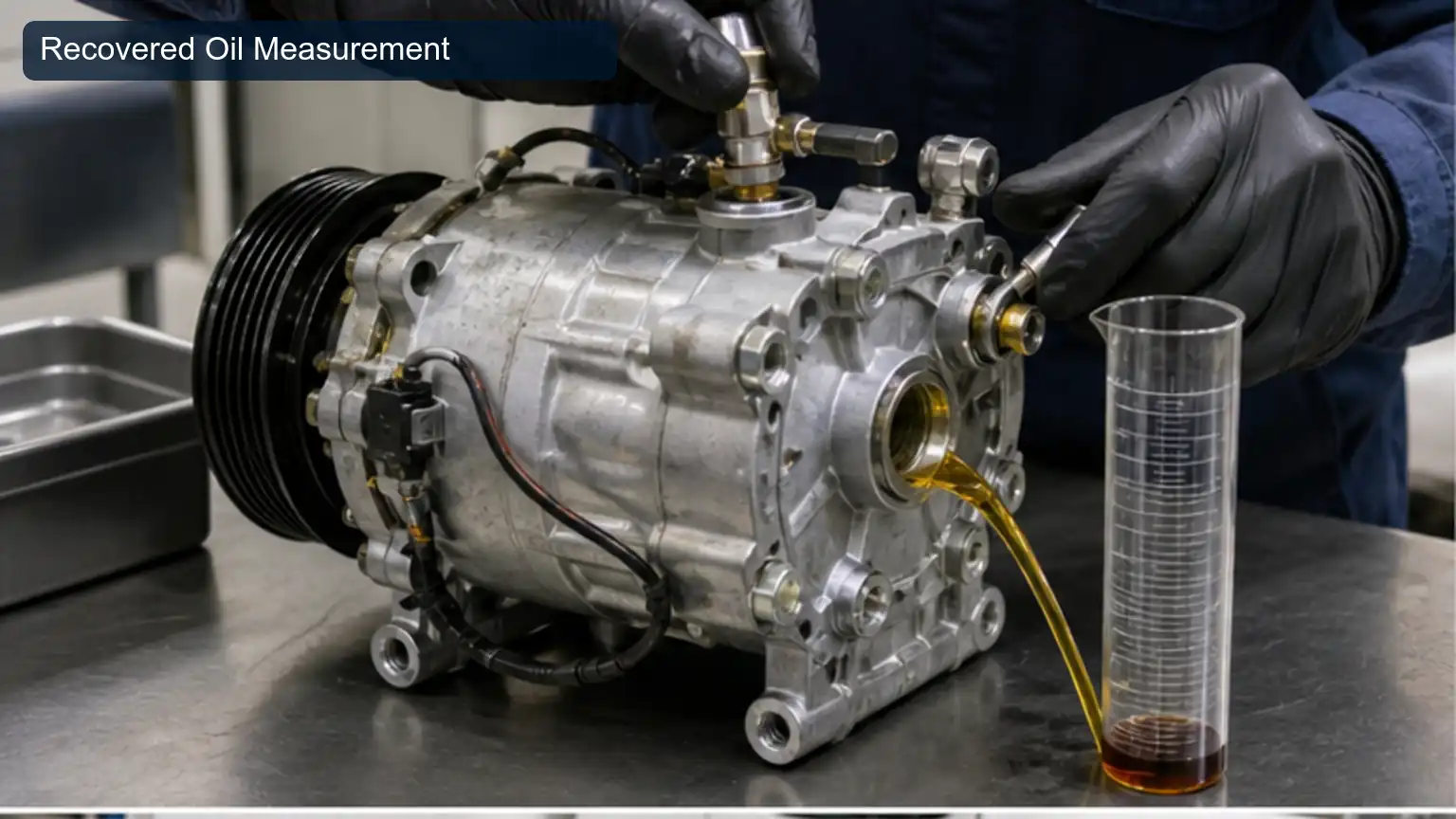 Recovered Oil Measurement for Heavy-Duty A/C Compressor Oil Balancing After Component Replacement, shown as a photorealistic heavy-duty technical inspection view