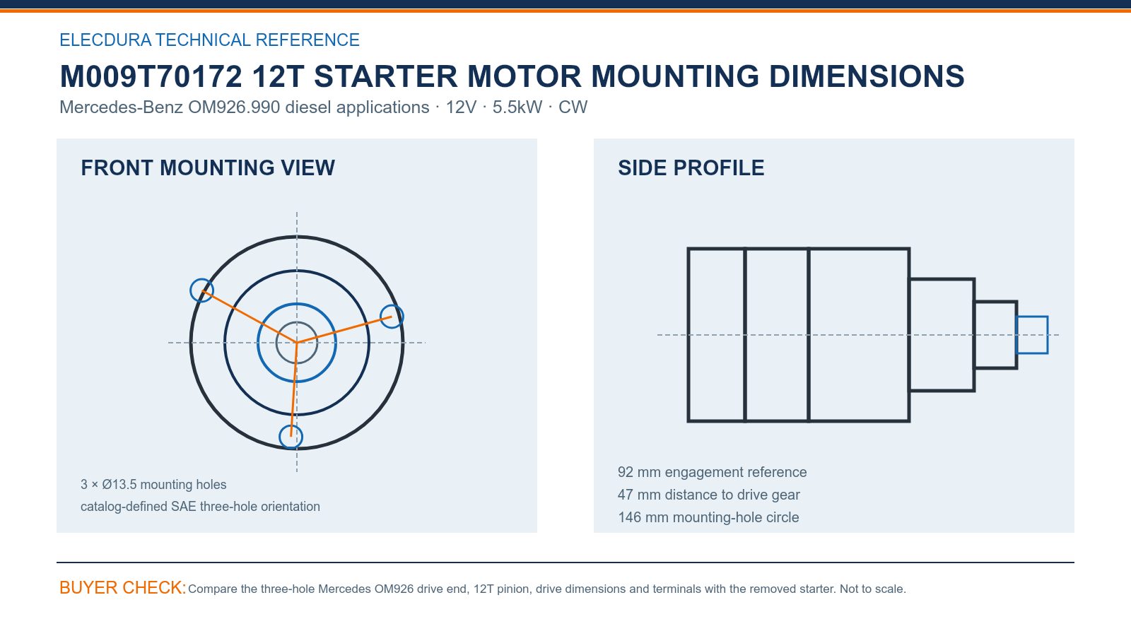 M009T70172 Mercedes OM926 12V 5.5kW 12T starter dimensions