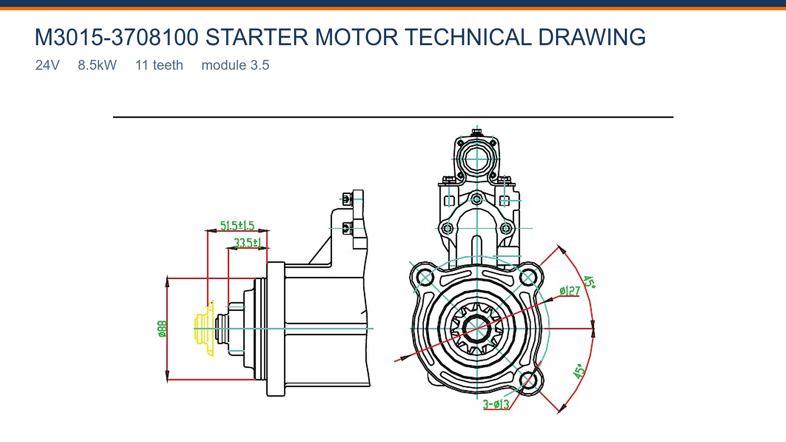M3015-3708100 Yuchai starter motor technical drawing 24V 8.5kW 11T