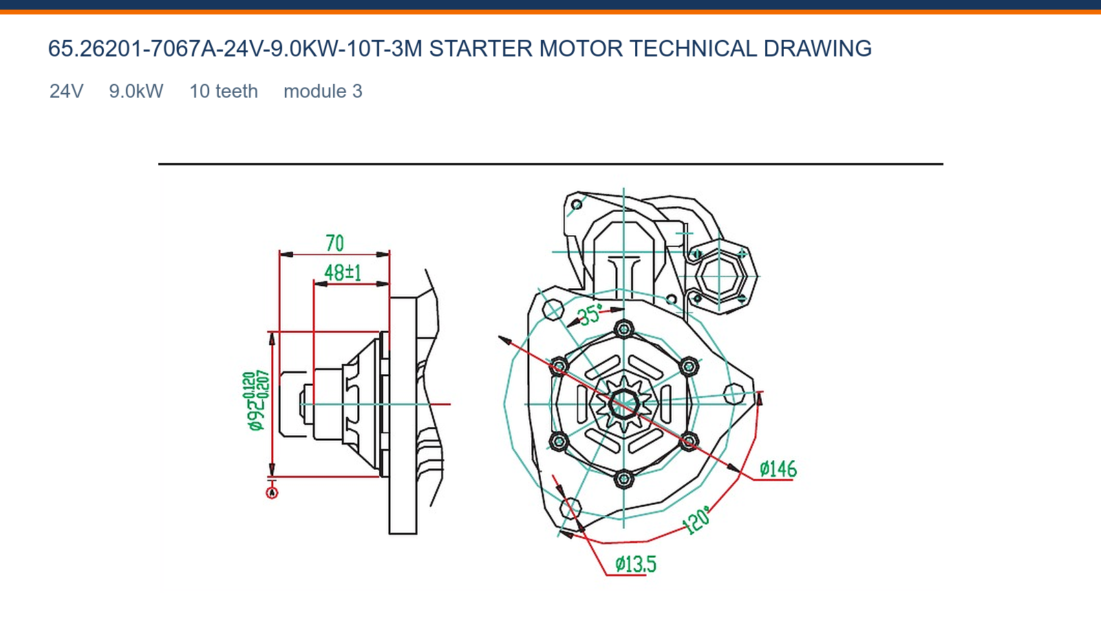 65.26201-7067A-24V-9.0KW-10T-3M Daewoo starter motor technical drawing 24V 9.0kW 10T