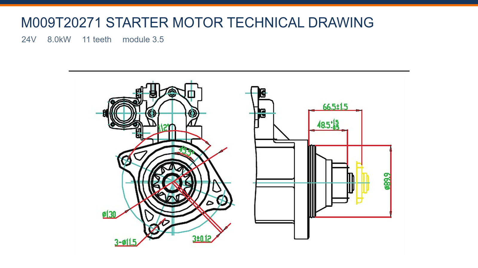M009T20271 Heavy-Duty starter motor technical drawing 24V 8.0kW 11T