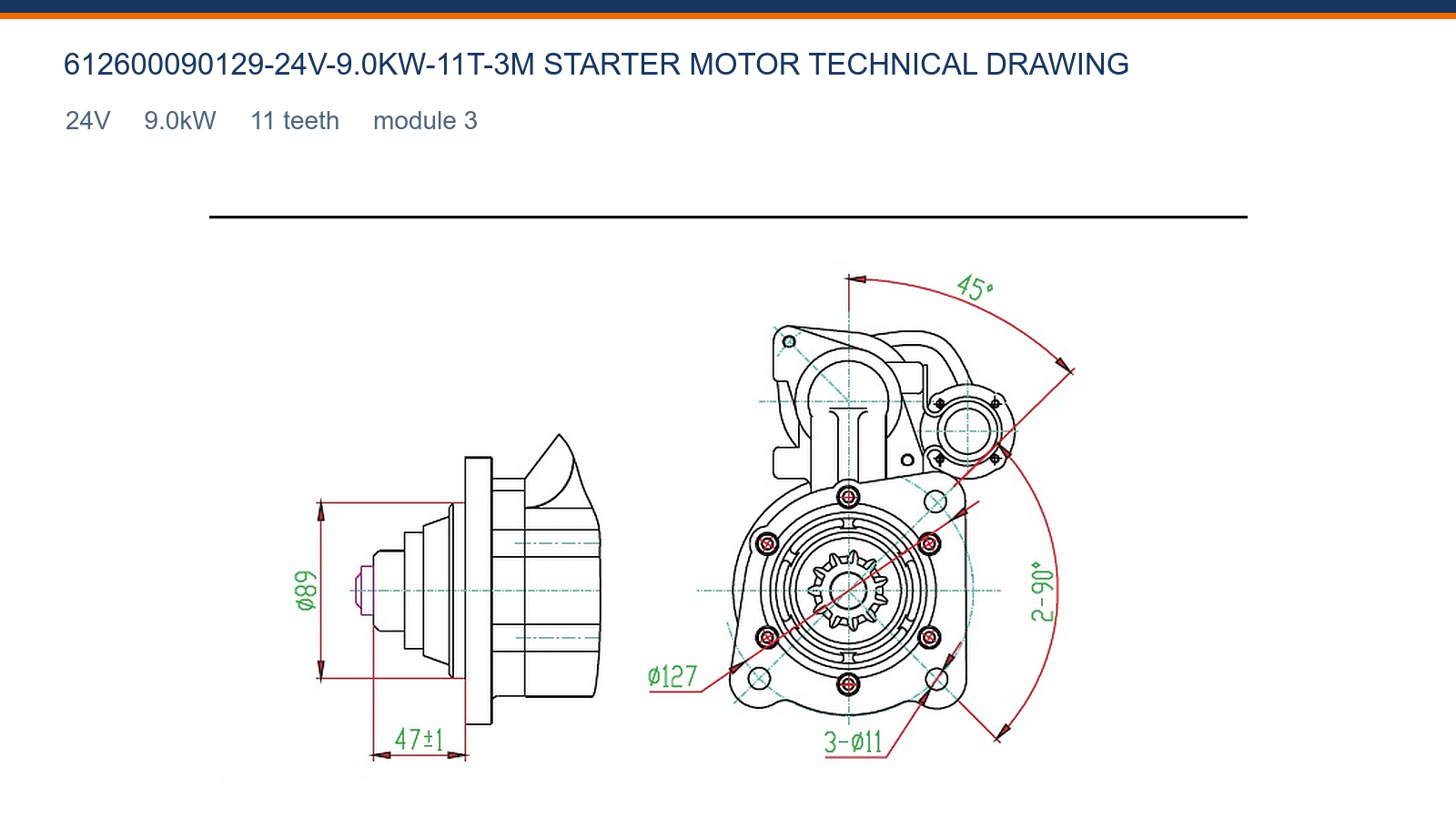 612600090129-24V-9,0KW-11T-3M Weichai start&eacute;r technick&yacute; v&yacute;kres 24V 9,0kW 11T