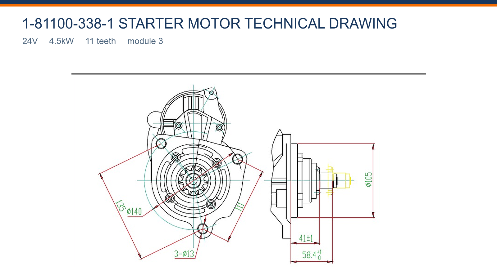 1-81100-338-1 Isuzu starter motor technical drawing 24V 4.5kW 11T