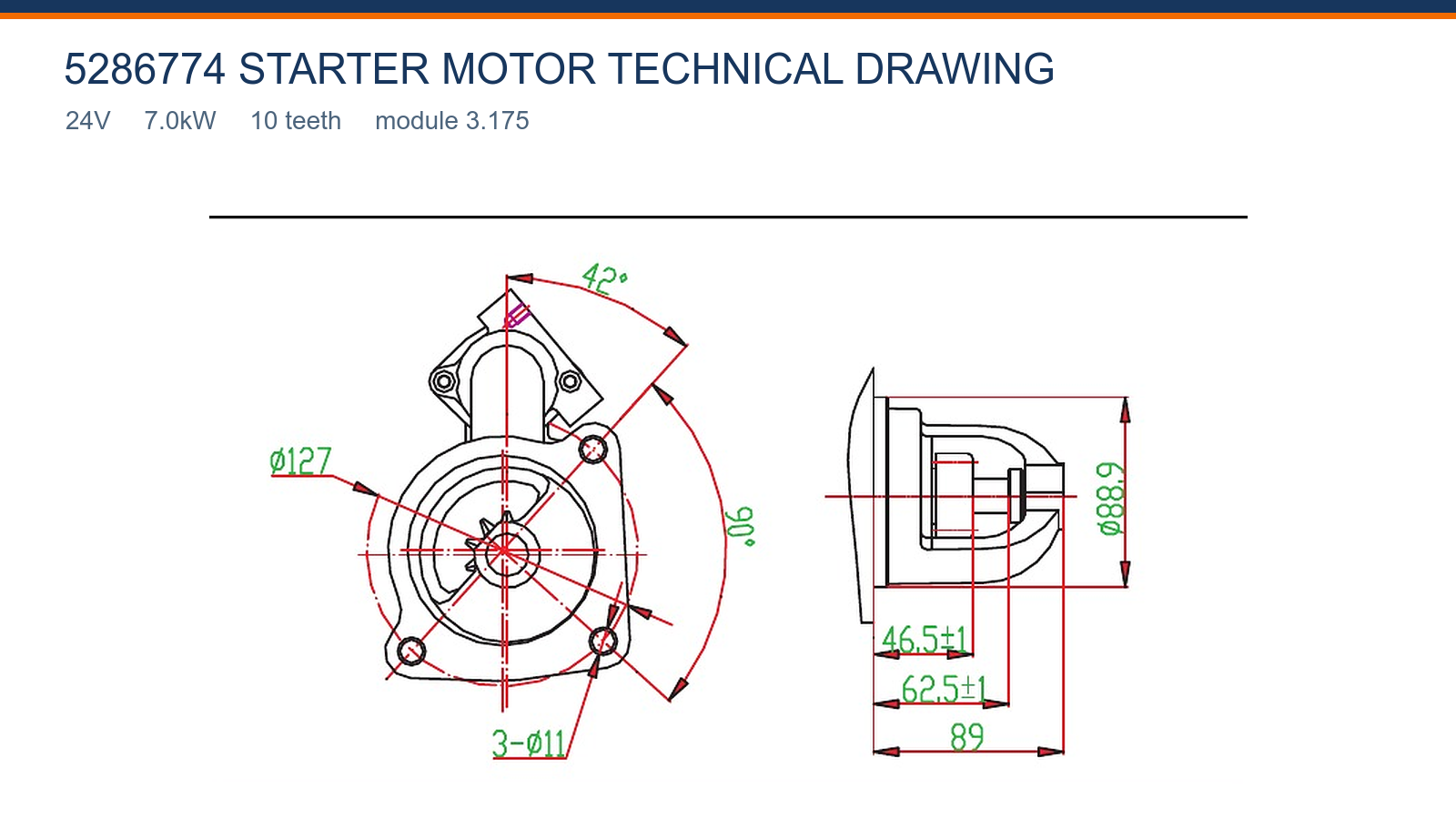 5286774 Cummins starter motor technical drawing 24V 7.0kW 10T